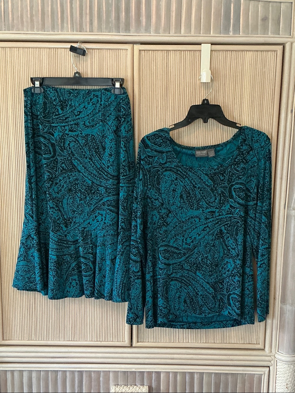 Chico's Teal Paisley Long Sleeve Top and Skirt Set